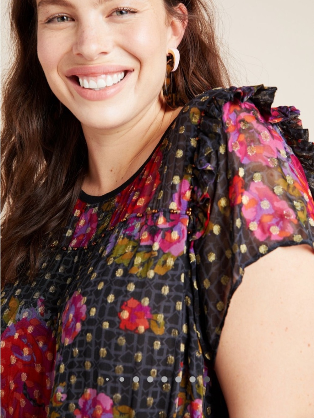 Anthropologie Fiorella Metallic Beaded Floral Polka Dot Top Boho Cottage Size 14 - Picture 3 of 10